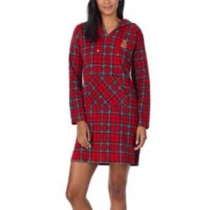 Lauren Ralph Lauren Plaid Fleece Hooded Nightgown Sleep Shirt Pajamas Red Small